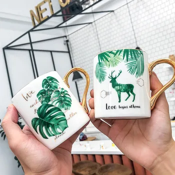 

Creative Golden handle ceramic Mug,Personality Tropical plant pattern Coffee Cup office business tea mug Drinkware Mugs Gift