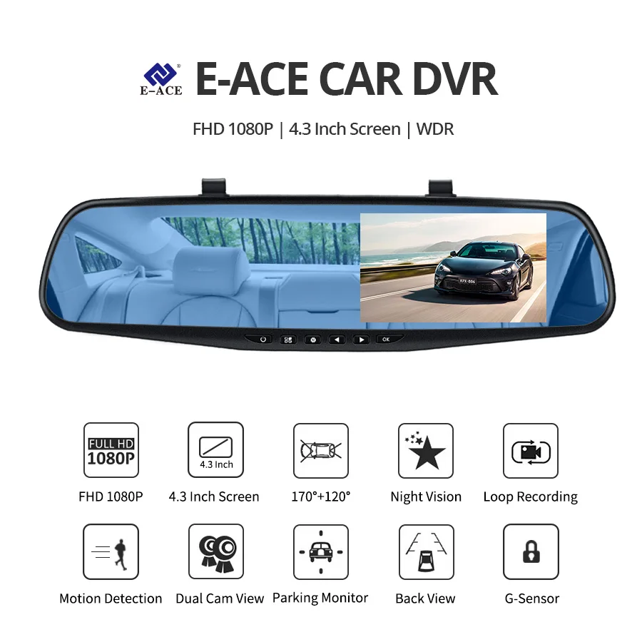 E-ACE, 4,3 дюймов, Автомобильный видеорегистратор, камера Full HD 1080 P, автоматическая камера, зеркало заднего вида с dvr и камерой, видеорегистратор, видеорегистратор для автомобиля