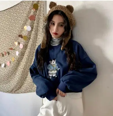 blue short 3 цвета, Осень-зима, корейский стиль, свободный, мультяшный медведь, вышивка, толстый свитер, женская и мужская верхняя одежда, пальто(C2109 - Цвет: blue short