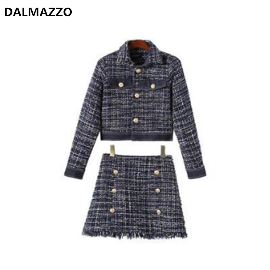 

2019 Autumn Winter Runway Design High Quality Women Tweed Wool Plaid Short Jacket Coat + Tassel Skirt Suit 2 Piece Sets Clothing