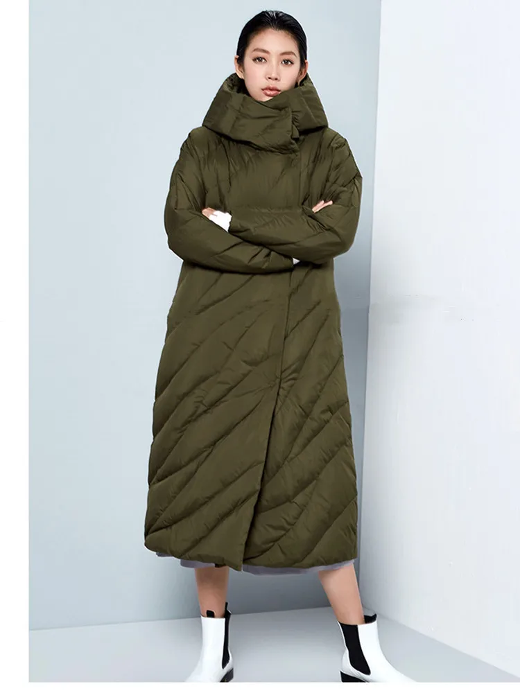Дизайн, Женское зимнее элегантное пуховое пальто с капюшоном, повседневное свободное плотное теплое прямое длинное белое пуховое пальто abrigo - Цвет: Армейский зеленый
