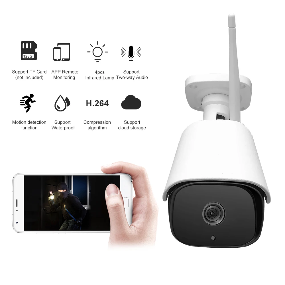 

1080P Bullet WIFI Camera Outdoor Weatherproof Wireless IP Camera 2.0MP Two Way Audio 4pcs Array IR Leds