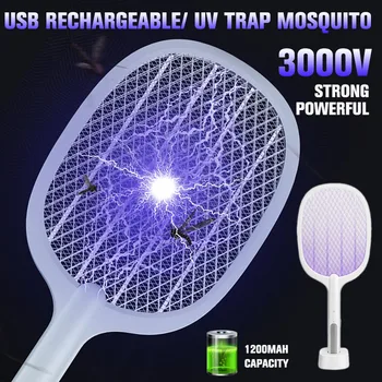 

3000V Electric Mosquito Swatter Fly Swatter Insect Racket Killer With UV Lamp Cordless USB Charging Bug Zapper Trap Home Product