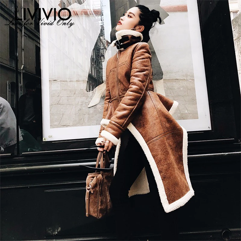 

[LIVIVIO] Irregular Fleece PU Leather Turtleneck Zipper Closure Long Coats Jackets Winter Thick Female Plus Size XXL Fashion