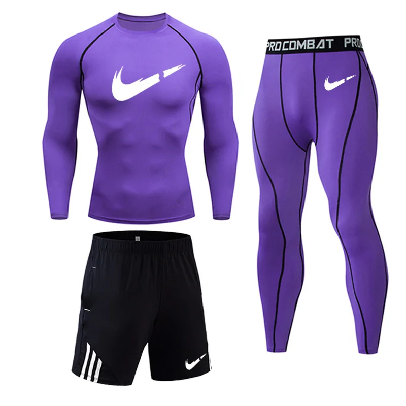 3pc sets Мужской спортивный костюм компрессионная Одежда Фитнес тренировочный комплект термобелье Рашгард для MMA мужская быстросохнущая рубашка Спортивная одежда - Цвет: 3pc sets