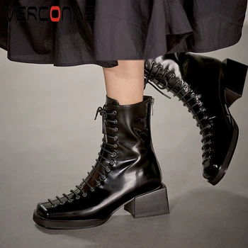 

VERCONAS Autunm Winter Women Ankle Boots New Fashion Genuine Leather Narrow Band Back Zip Casual Square Toe Short Boots Woman
