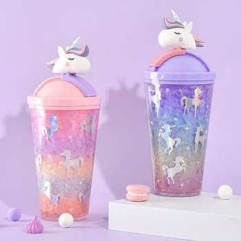 

430ml Creative Unicorn Cartoon Straw Mug With Lid Thermal Insulation Double Wall Plastic Cup Girls Portable Water Bottle Ice cup