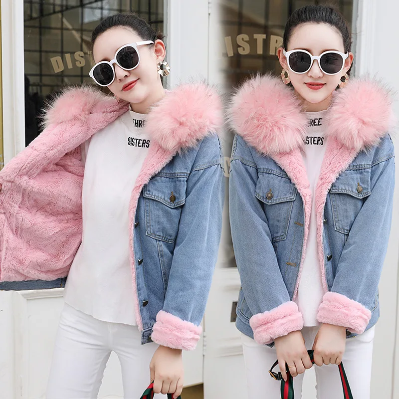 

Photo Shoot 2019 New Style Korean-style Large Size Fat Mm Students Large Fur Collar Lambs Wool Cowboy Brushed And Thick Coat WOM