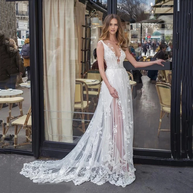 Sexy Lace Wedding Dresses Beach Deep V Neck A Line Buttons Appliques Vintage Cheap Bridal Gowns Robe Party Vestido De Mariee red wedding dresses