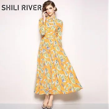 

New spring autumn shirt dress for women a line long sleeve slim casual elegant floral print ankle length collar dress yellow