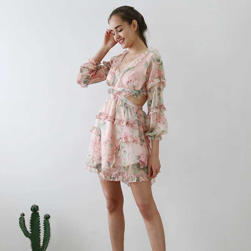 Платье женское шифоновое с V образным вырезом и рукавами фонариками|Платья| |