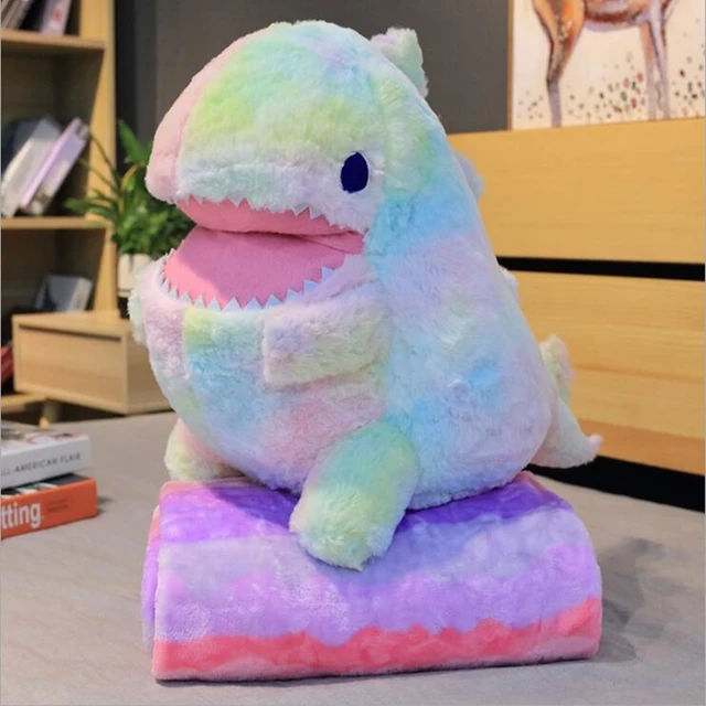 Two-piece-set Cute Rainbow Dinosaur Plush Toys Cartoon Pillow Air Conditioner Blanket Stuffed Toy Dolls For Kids Birthday Gifts