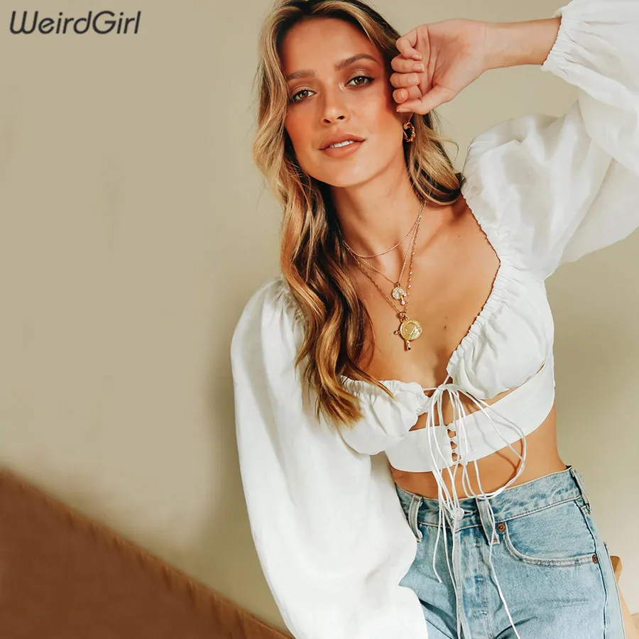 

weirdgirl women fashion elegant t-shirt full sleeve v-neck bowknot femme crop tops solid white tops streetwear outfit summer new