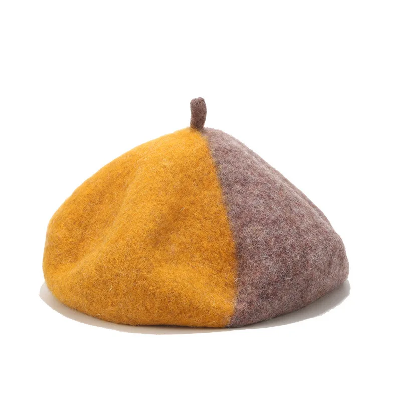 M&D Autumn/winter new collection wool felt beret splicing gentle color patchwork - Цвет: Yellow Coffee