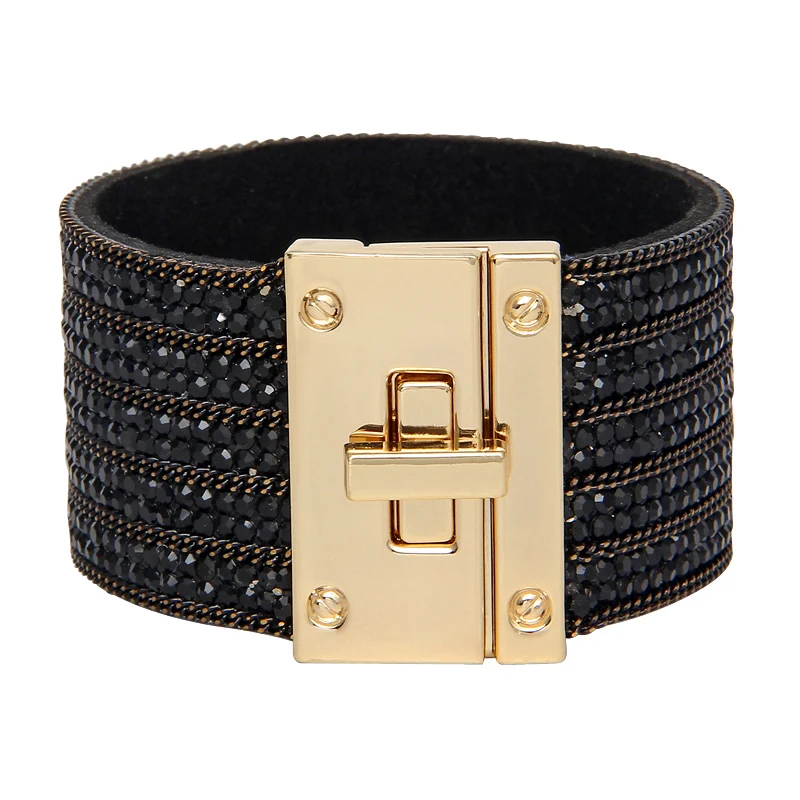 Leather Bracelet for Women Crystal Circle Charm Wrap Bracelets& Bangles Boho Multilayer Wide Crystal Bracelet Female Jewelry