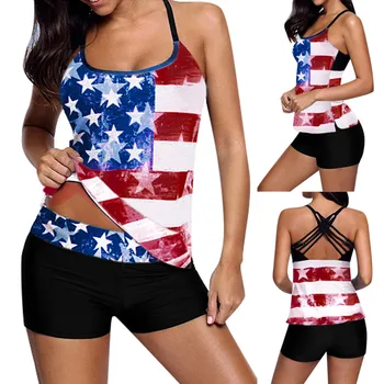 

Newest Bikini Women's Plus Size American flag Crisscross Back Boyshort Two Piece Swimsuit купальник 2020 Summer swimming suit
