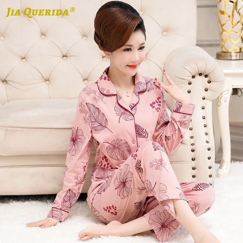 Plus Size Spring Pajamas Women Turn Down Collar Long Pants Homesuit Homeclothes Pyjamas Women Fashion Style Plus Size Pajamas