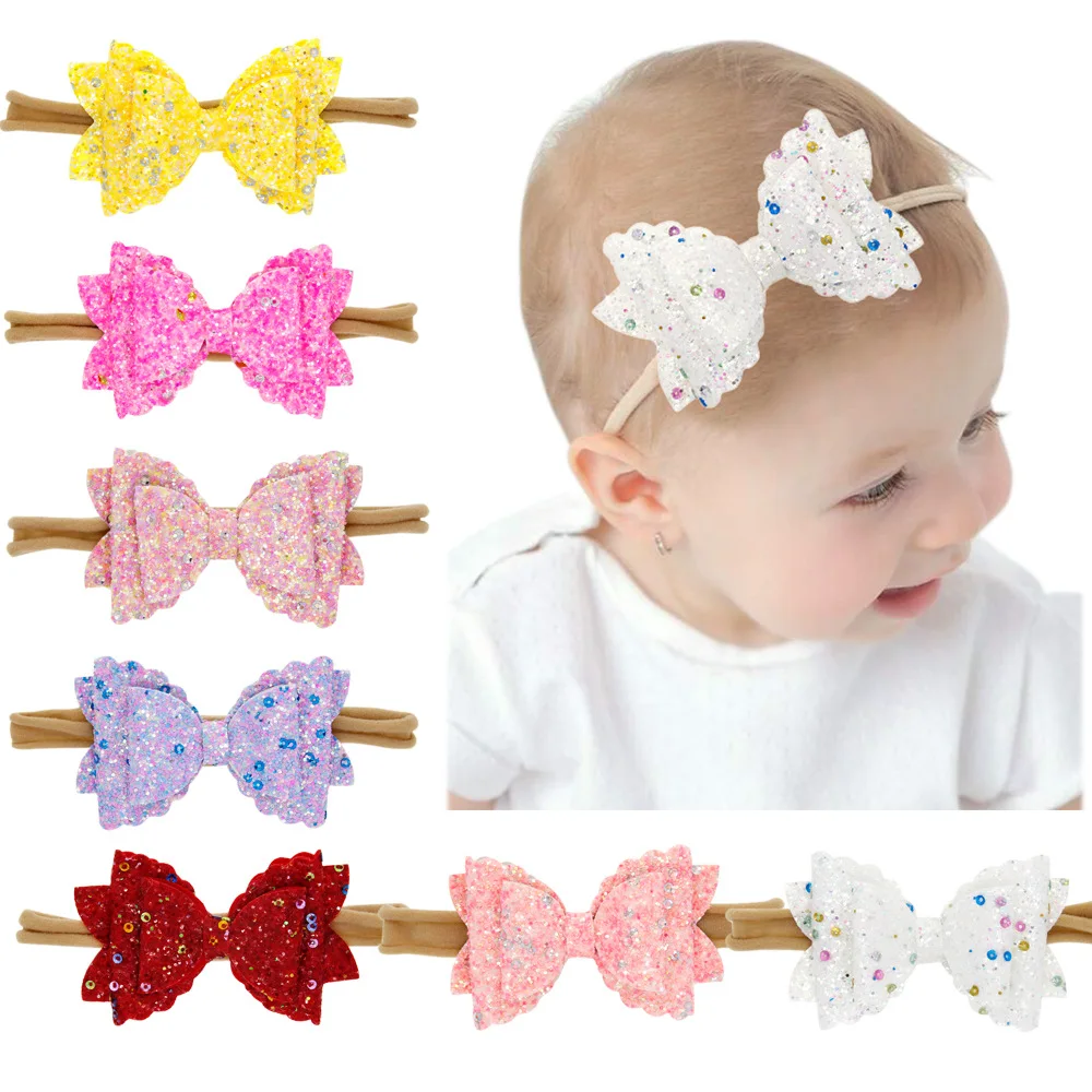 7pcs/lot Wholesale Baby Nylon Headbands Hairbands Sparkle Hair Bow
