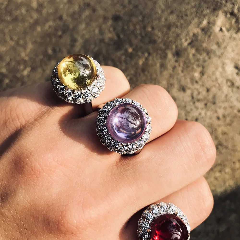 Роскошное великолепное кольцо с натуральным кристаллом, 925 пробы, серебряные ювелирные изделия для женщин, высокая мода, красное, желтое, фиолетовое кольцо на удачу