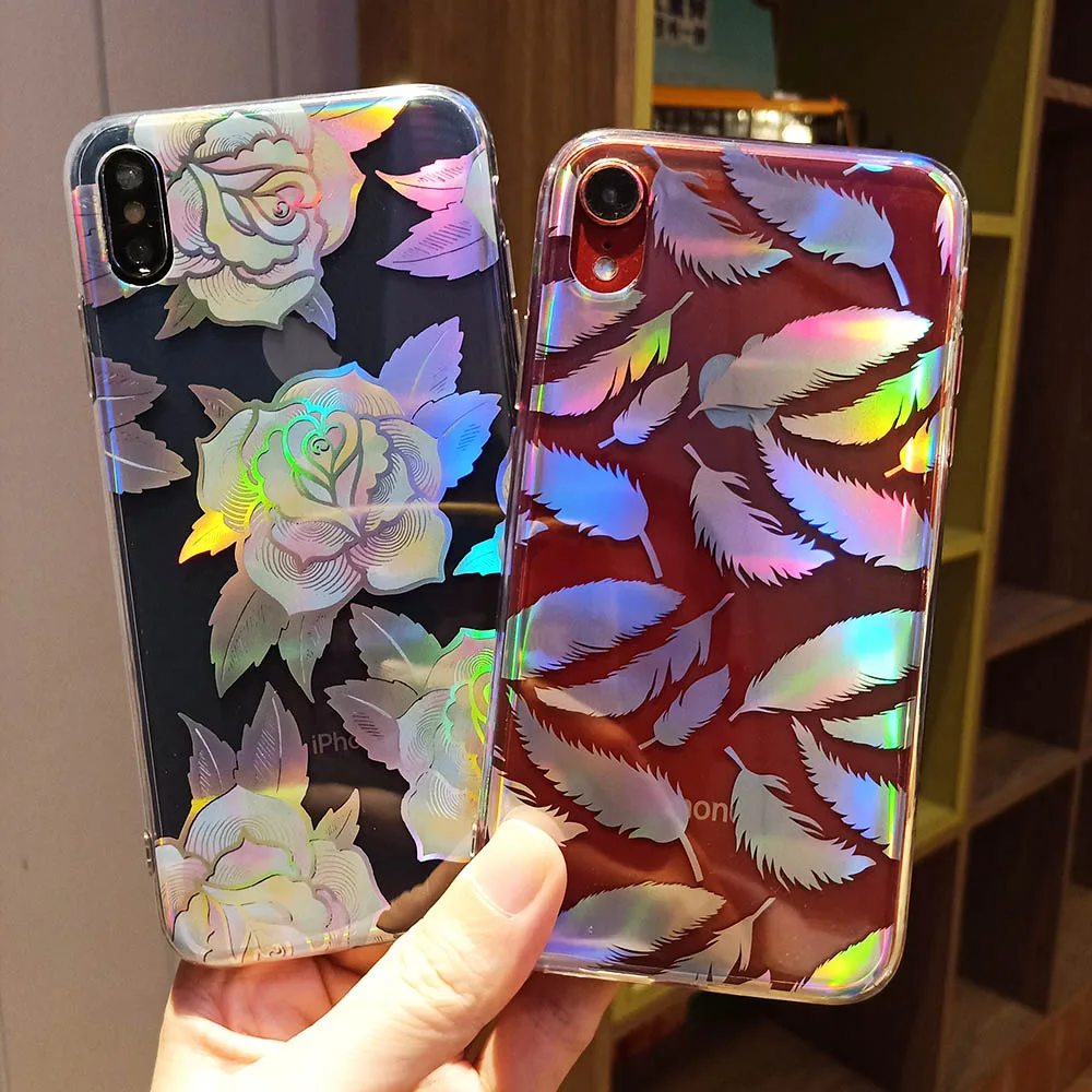 

Luxury Plating Gradient Laser Flowers Leaf Case for iPhone 11 Pro XS Max XR Transparent Soft for iPhone 8 7 6S Plus Rainbow Case