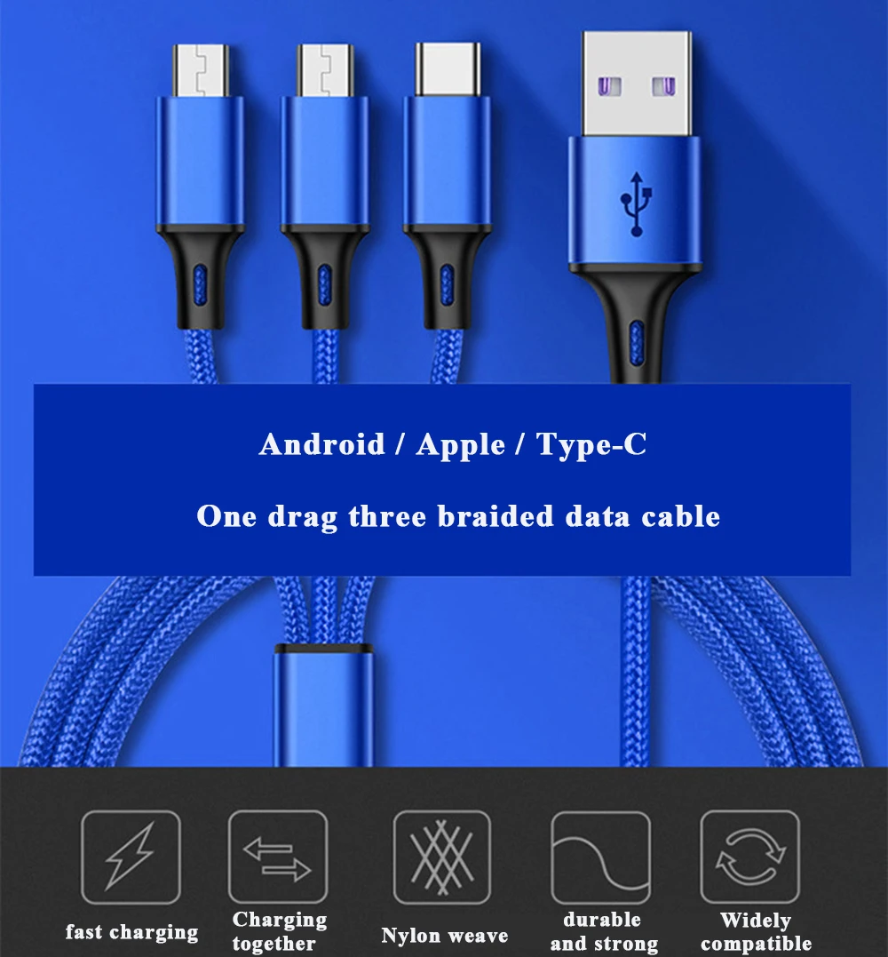 USB кабель 3 в 1 кабель для зарядки iOS Android type-c один для трех кабель для передачи данных алюминиевый сплав нейлоновый плетеный кабель 1 м