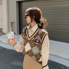 Окруточная Для женщин без рукавов пуловер осень опрятный Винтаж, связанное с узором "ромбиками" тигр вышивка V образным вырезом вязанный шерстяной свитер, жилет T392