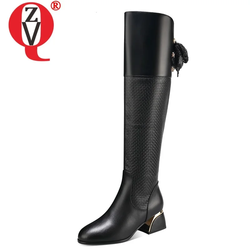 

ZVQ winter new fashion knee high boots outside mid heels comfortable round toe genuine leather zipper women shoes size 33-43