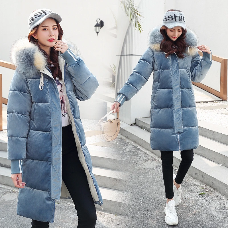 Зимняя куртка для женщин утолщение вниз хлопок тяжелый искусственный шерсть шляпа парка манто Femme Hiver Bayan Монт теплое длинное пальто - Цвет: Blue