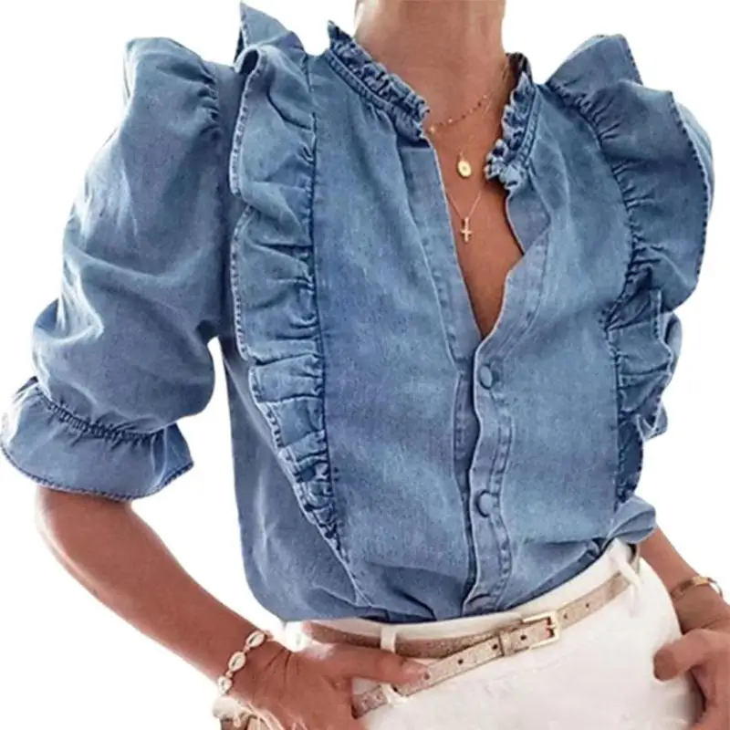 

Women's Denim Shirt Fluffy Buttons Ruffle Puff Short Sleeve Solid Color Autumn Retro Fashion Female Tops Shirts