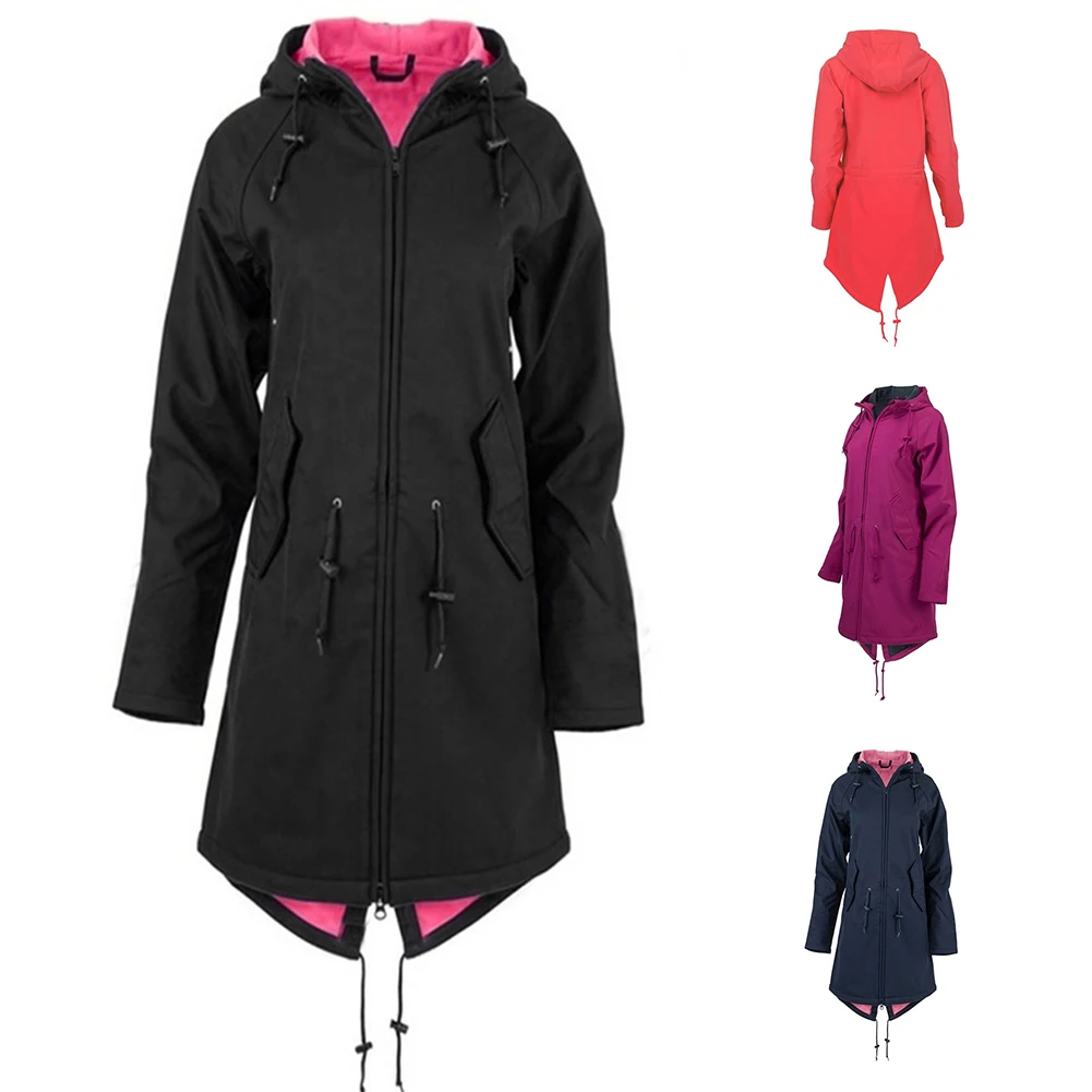

Hooded Thickened Casual Winter Outdoor Polyester Windproof Drawstring Zipper Solid Color Camping Long Sleeve Women Hiking Jacket
