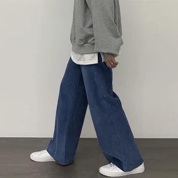 

2019 Autumn And Winter New Youth Popular Wide Leg Pants Fashion Casual Solid Color Thick Corduroy Trousers Blue M-XL
