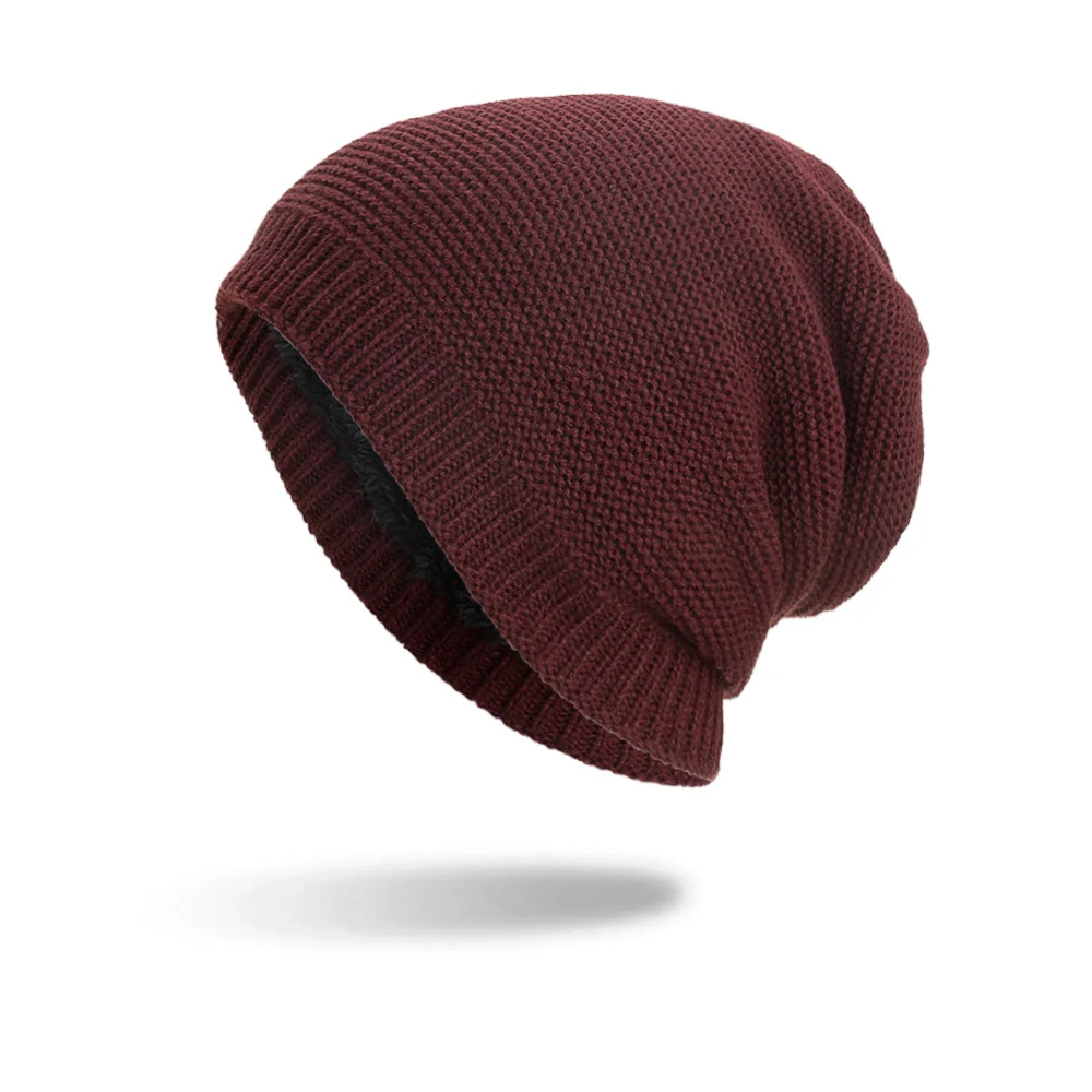 Однотонная зимняя теплая вязаная шапка Skullies Beanies, шерстяной чулок, шапка для мужчин и женщин, шапки Gorros, Мужская бархатная шапка - Цвет: Бургундия