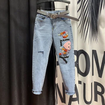 

Slim-Fit Fashion Ripped Harem Pants Women's 2020 Spring Autumn New Korean Version Patch Beads Cropped Jeans Denim Jean Femininas