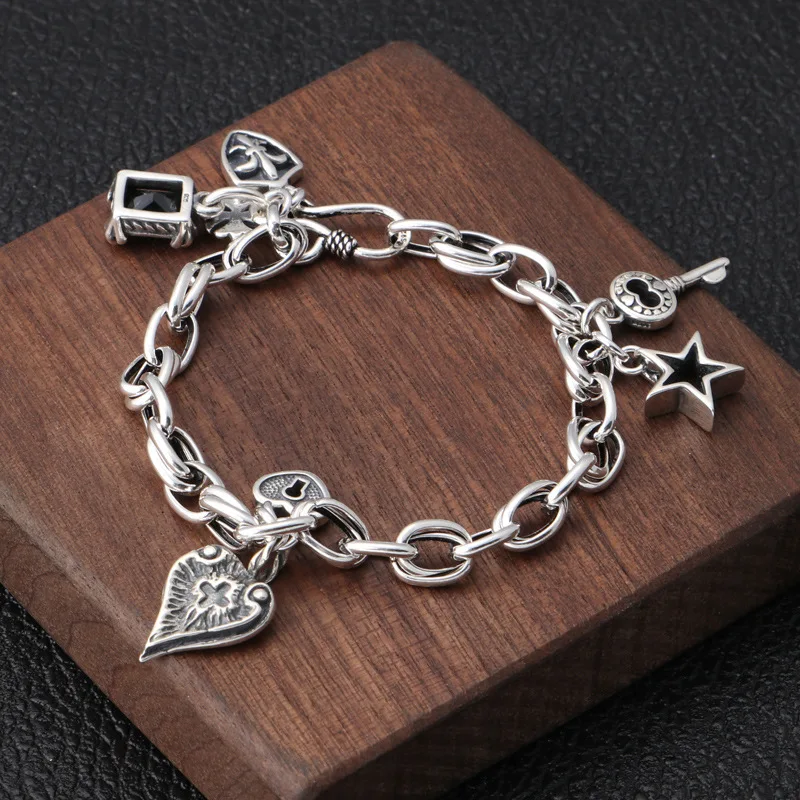 Nuovo Arrivo Romantic Love Key Star Black Crystal Thai Silver Ladies Cross Chains Bracciale Gioielli Regalo No Fade