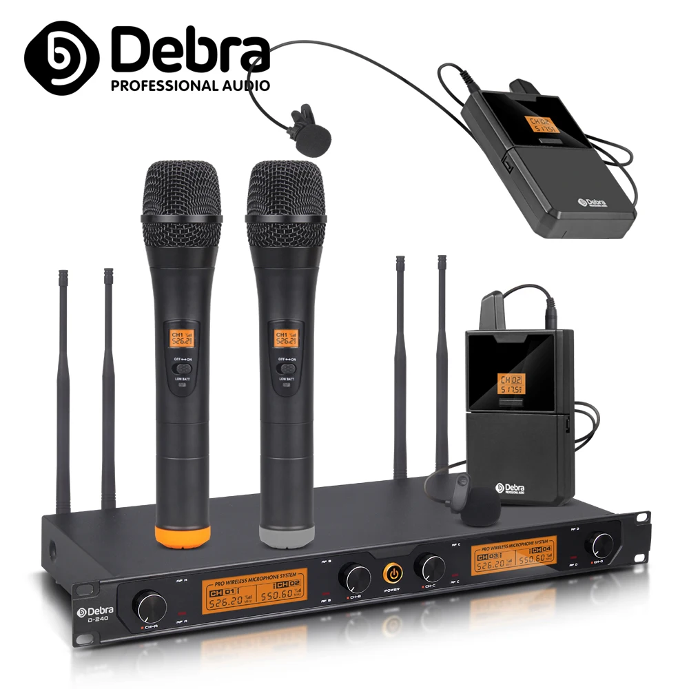 

Debra Audio D-240 4 Channel UHF Wireless Microphone System With Handheld Headset Lavalier Mic For Karaoke Party Speech