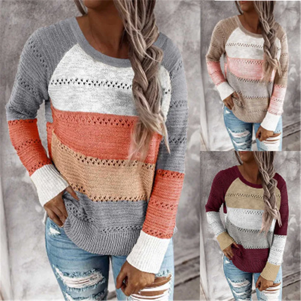 

Sweaters For Female 2020 Plus Size Pullover Striped Printed Contrast Color Hole Designer Casual Sweater