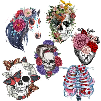 

Thermo Stickers Skull Heat Transfer Patches For Jacket Accessories DIY Flower Heart Iron On Transfer Patches On Clothing Stripes