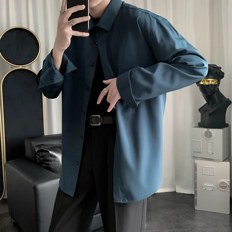 

2022 Spring Autumn Men's Turn-down Collar Solid Colo Shirt Long Sleeve Loose Shirts Camisa Masculina Streetwear Fashion Top L133
