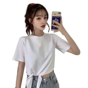 

2020 Women Summer Stylish Irregular Knot Solid Color O Neck Short Sleeves T-shirt Top Womens clothing женские футболки