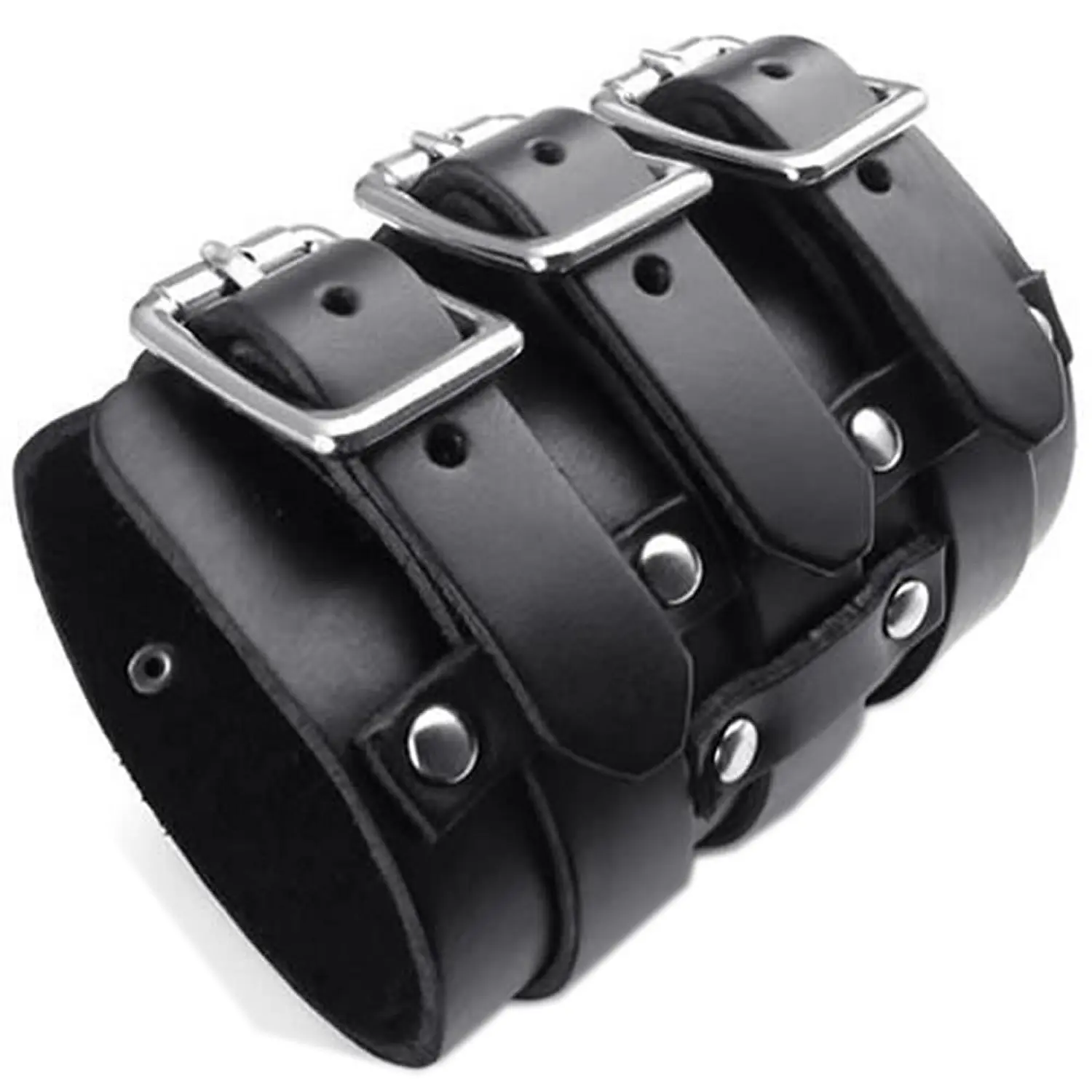 Jonline24h Wide Genuine Leather Men's Bangle Cuff Bracelet Punk Rock Fits 7.5" to 9" Black