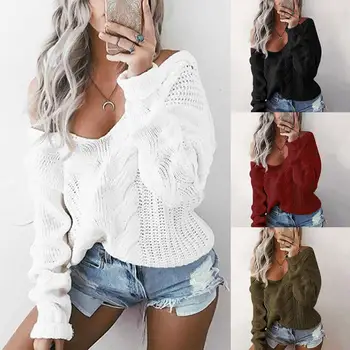 

New2019 Autumn Winter Women's Sweaters V-Neck Minimalist Fashionable Korean Style Knitting Solid Twist Hollowed Out Sweater clot
