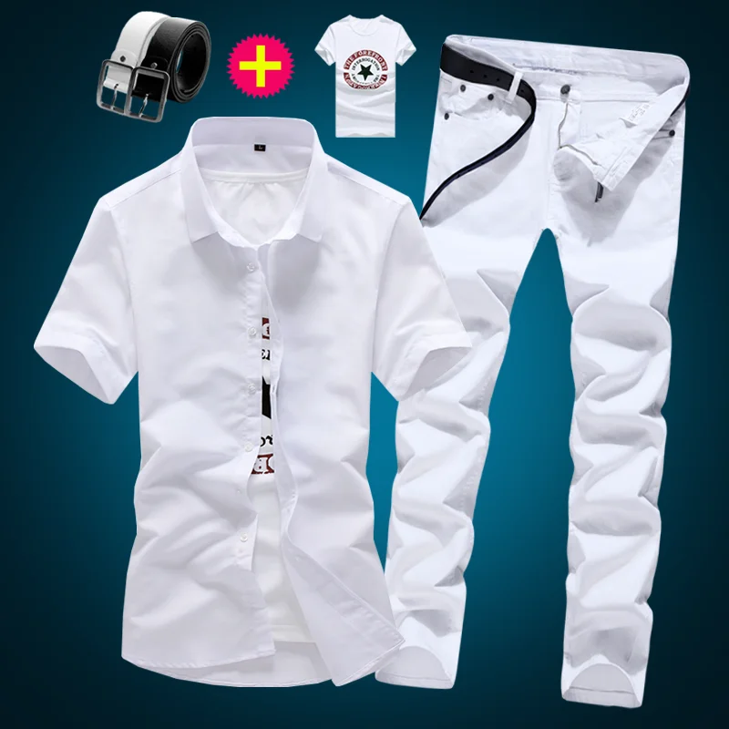 

Spring Summer Short Men's Shirt Pencil Pants 2pcs Set Solid Color Jeans Trousers Cotton Shirts Male Sets Casual E7