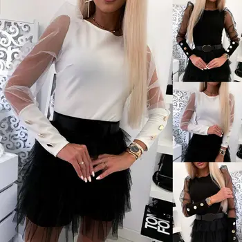 

New 2020 Women Turtle Neck Mesh Puff Long Sheer Sleeve Sweater Top Pullover Blouse Shirts