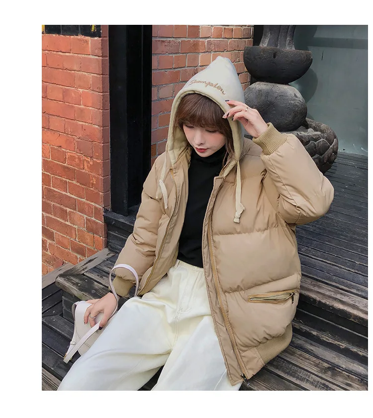 Стиль, корейский стиль, вышивка буквами, с капюшоном, толстая хлопковая стеганая одежда, женское свободное пуховое пальто для студентов, зимнее F