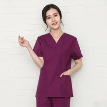 【top】Plug Size S-4XL Pure Cotton Medical Scrubs Short Sleeve V Neck Nurse Uniforms Solid Color Women Loose Scrub Top NO PANTS