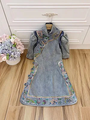 Ziwwshaoyu элегантный цветок вышивка слоеный короткий рукав Cheongsam Мини джинсовые платья Женская одежда высокого качества - Цвет: Многоцветный