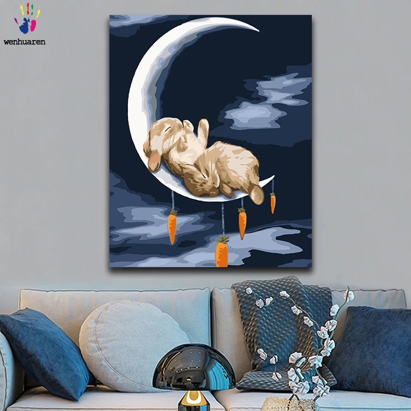 

Diy Paints By Numbers Picture Painting By Numbers With Kits The Moon And Animals Rabbit Deer Eagle Dolphin Original Gift