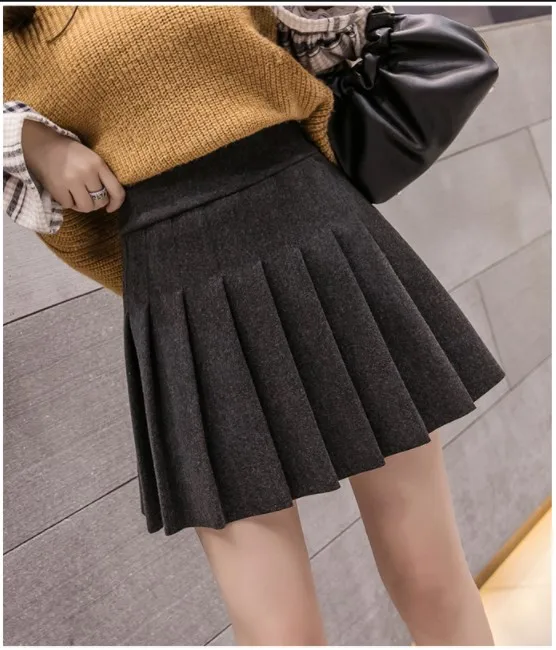 Осень Зима шерстяные женские юбки с высокой талией трапециевидной формы плиссированные мини-юбки корейский консервативный стиль Saias женский - Цвет: Dark Grey