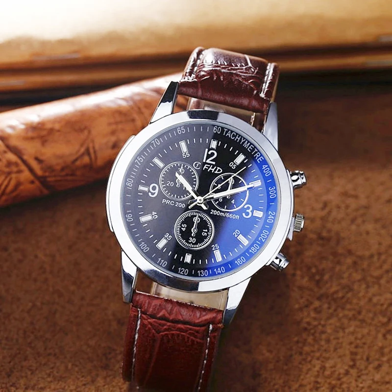 

Men's Leather Band Quartz Watch Blu-ray Glass Wrist Watches Stainless Steel Faux Leather Strap Men's relogio masculino