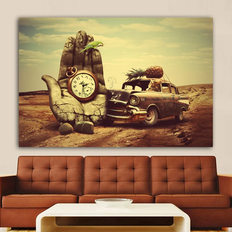 Холст Картина Настенный декор классического искусства Сальвадор Дали, часы, автомобиль, футболка с принтом «ананас», попугай печатает Плакаты Wall Art Для Гостиная